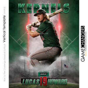 Baseball photoshop template with green red and white lights bleachers field flag and customizable digital background.