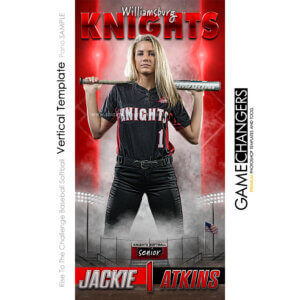 Softball panoramic photoshop template with red and white lights bleachers field flag and customizable digital background.
