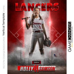 Softball photoshop template with red and white lights bleachers field flag and customizable digital background.