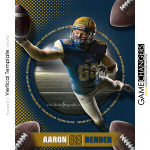 Unique Creative photoshop template for diving catching football player with field and customizable words in circle and footballs in corners in digital background