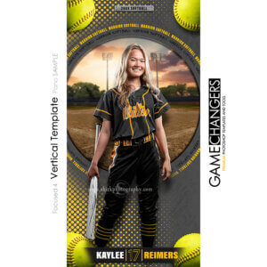 Unique Creative photoshop template for softball player with customizable words in digital background