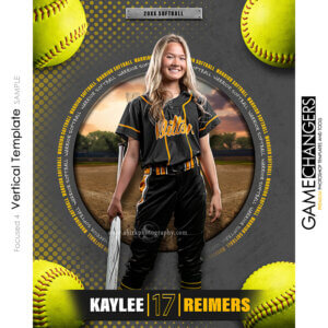 Unique Creative photoshop template for softball player with customizable words in digital background