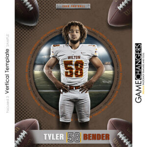 Unique Creative photoshop template for football player with field and customizable words in circle and footballs in corners in digital background