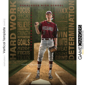 Unique Creative photoshop template for baseball player with customizable motivational words in digital background with field grass and home plate