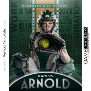 Unique Creative photoshop template for softball player with customizable motivational words in digital background with dirt field