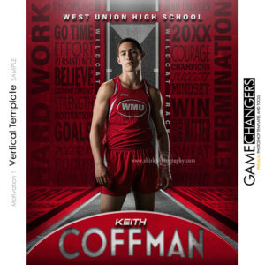 Unique Creative photoshop template for track star with customizable motivational words in digital background with track lane red