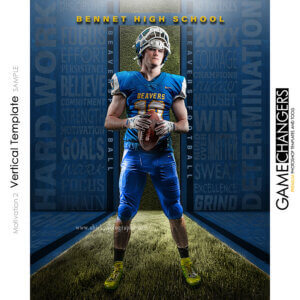 Unique Creative photoshop template for football player with customizable motivational words in digital background with grass field