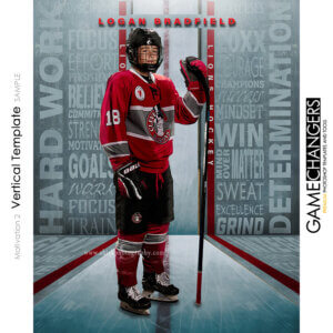 Unique Creative photoshop template for ice hockey player with customizable motivational words in digital background with ice