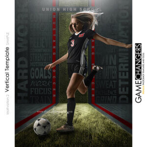 Unique Creative photoshop template for soccer player with customizable motivational words in digital background with grass field