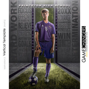Unique Creative photoshop template for soccer player with customizable motivational words in digital background with grass field