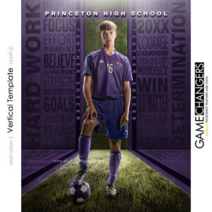 Unique Creative photoshop template for soccer player with customizable motivational words in digital background with grass field