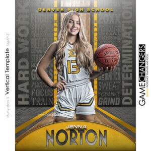 Unique Creative photoshop template for basketball player with customizable motivational words in digital background with hardwood floor court