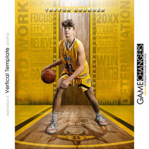 Unique Creative photoshop template for basketball player with customizable motivational words in digital background with hardwood floor court mascot logo