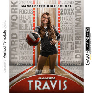 Unique Creative photoshop template for volleyball player with customizable motivational words in digital background with hardwood floor court