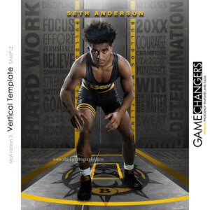 Unique Creative photoshop template for wrestling wrestler with customizable motivational words in digital background with mat and mascot logo