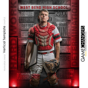 Unique Creative photoshop template for baseball player with customizable metal motivational words in digital background