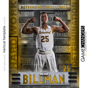 Unique Creative photoshop template for basketball player with customizable metal motivational words in digital background
