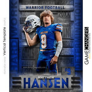 Unique Creative photoshop template for football player with customizable metal motivational words in digital background