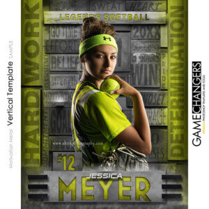 Unique Creative photoshop template for softball player with customizable metal motivational words in digital background