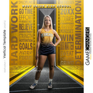 Unique Creative photoshop template for track star with customizable motivational words in digital background with track lane yellow