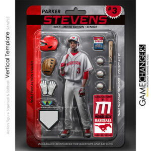 Custom senior banner design using action figure Photoshop template with baseball player inside dynamic bubble packaging layout and sports accessories