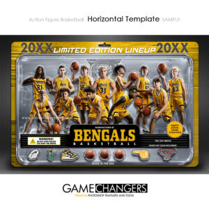 Basketball Photoshop templates for creating senior night banners, game day posters, and custom athlete graphics with action figure styling.