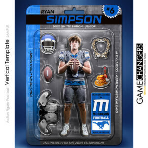 Football action figure Photoshop template for senior banners with player inside dynamic packaging layout and customizable accessories