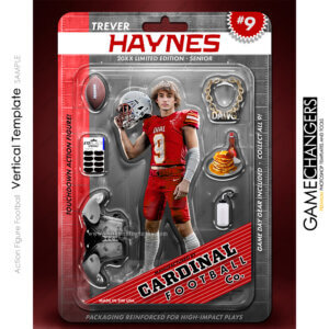 Football action figure Photoshop template for senior banners and posters with player inside dynamic packaging layout and customizable accessories