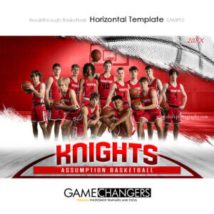 Basketball team Photoshop template featuring multiple players on a dynamic court background, designed for senior banners and posters