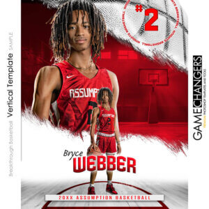 Basketball Photoshop template with player on basketball court background, designed for senior banners and team posters