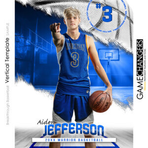 Editable basketball senior poster design featuring player pointing with dynamic court scene
