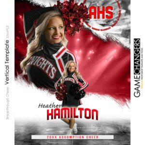 Cheer team Photoshop design template featuring multiple cheerleaders in uniform with bold field background, perfect for posters and banners