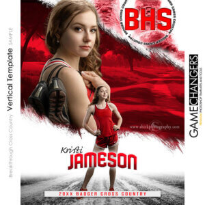 Cross country Photoshop template featuring individual runner in uniform with trail background, designed for senior banners and posters