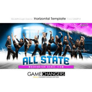 Dance team Photoshop template featuring multiple dancers in studio with star and light effects.