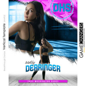 Dance senior banner Photoshop template with solo dancer pose and studio lights and star backdrop.