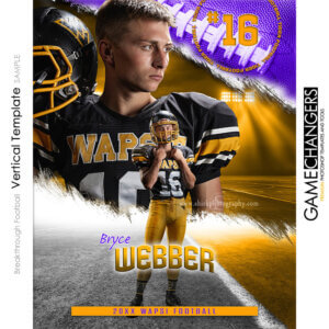 Football senior banner Photoshop template featuring player with helmet and dramatic field backdrop.