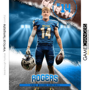 Football Photoshop template with player in uniform and stadium lights background.