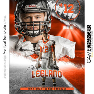 Football senior banner Photoshop template featuring player with helmet and dramatic field backdrop.