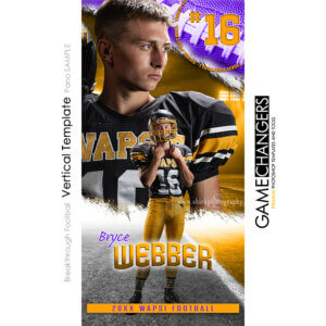 Football senior banner Photoshop template featuring player with helmet and dramatic field backdrop.