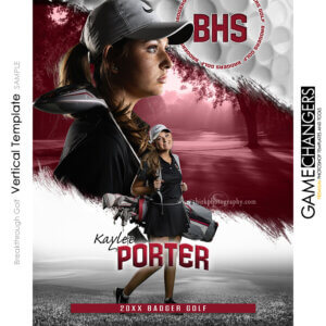 Senior golf Photoshop template with athlete holding club on course background.