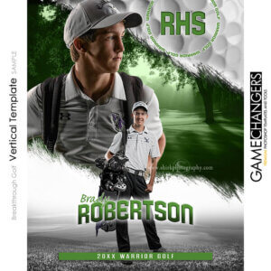 Senior golf Photoshop template with athlete holding club on course background.
