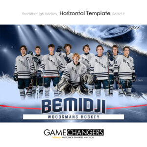 Hockey team Photoshop template featuring group of players on rink with goal net.