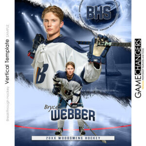 Hockey senior banner Photoshop template featuring player with stick on ice rink.
