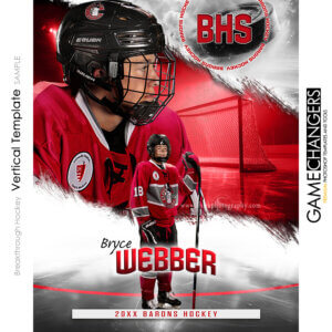 Hockey senior banner Photoshop template featuring player with stick on ice rink.