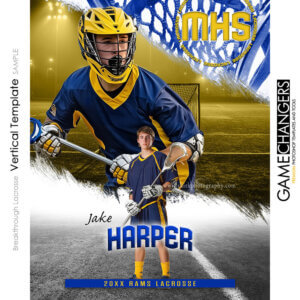 Senior lacrosse Photoshop template featuring player in action with goal net background.