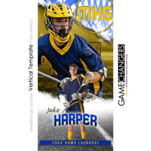 Senior lacrosse Photoshop template featuring player in action with goal net background.