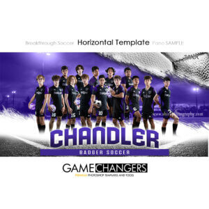 Soccer team Photoshop template featuring full squad on stadium field.