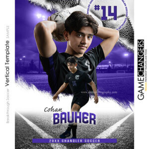 Soccer senior banner Photoshop template with player and ball on field backdrop.