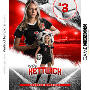 Soccer senior banner Photoshop template with player and ball on field backdrop.
