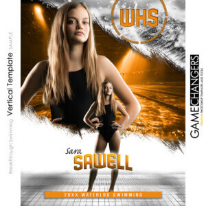 Swimming senior banner Photoshop template with athlete and pool background.